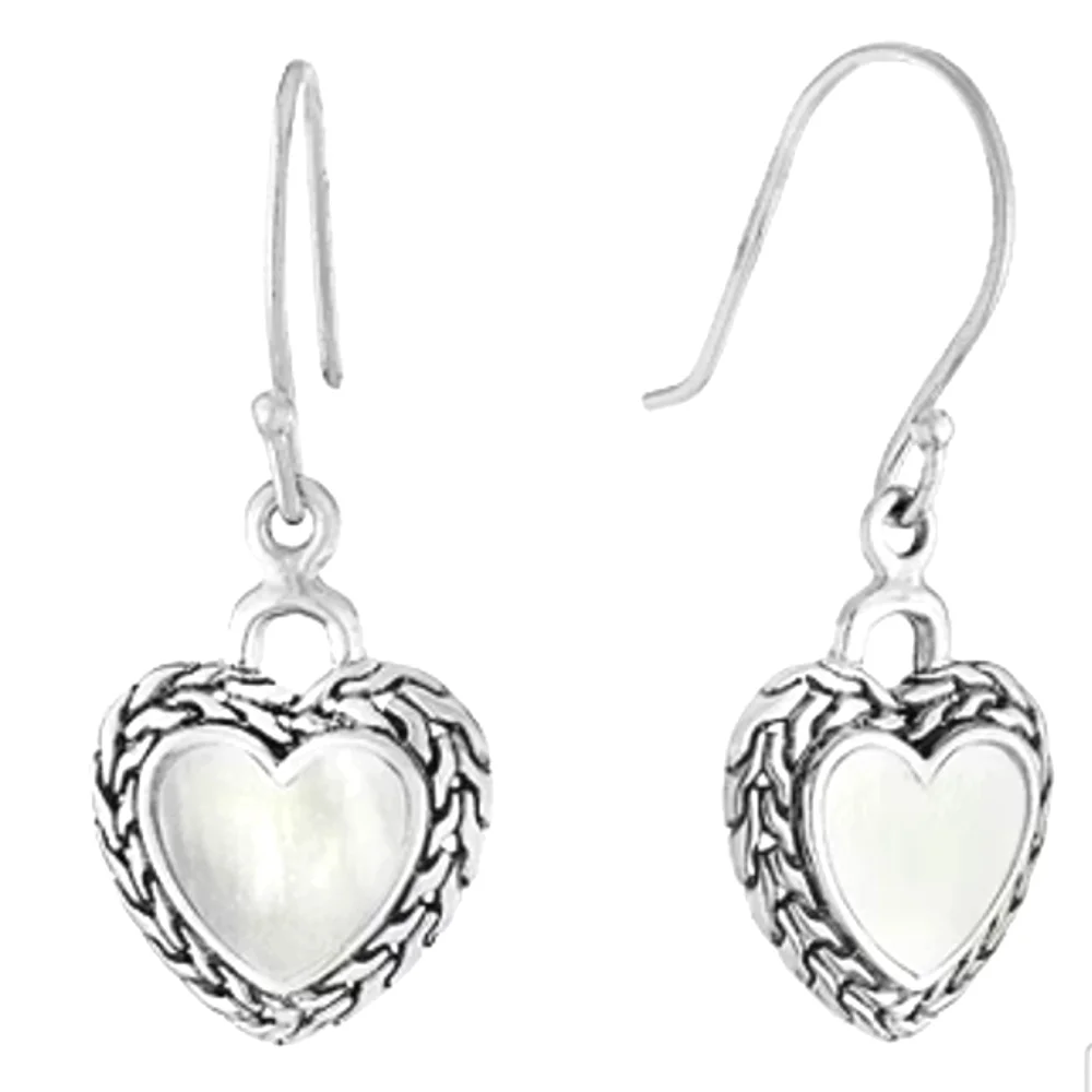 Bali Inspired Genuine White Mother Of Pearl Sterling Silver Heart Drop Earrings - Picture 1 of 3